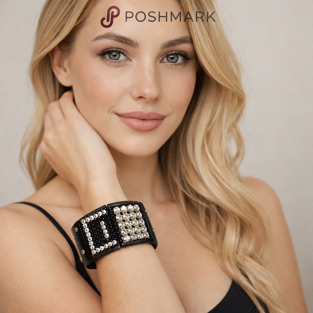 Vintage Black Rhinestone Cuff Bracelet Glam Statement Jewelry